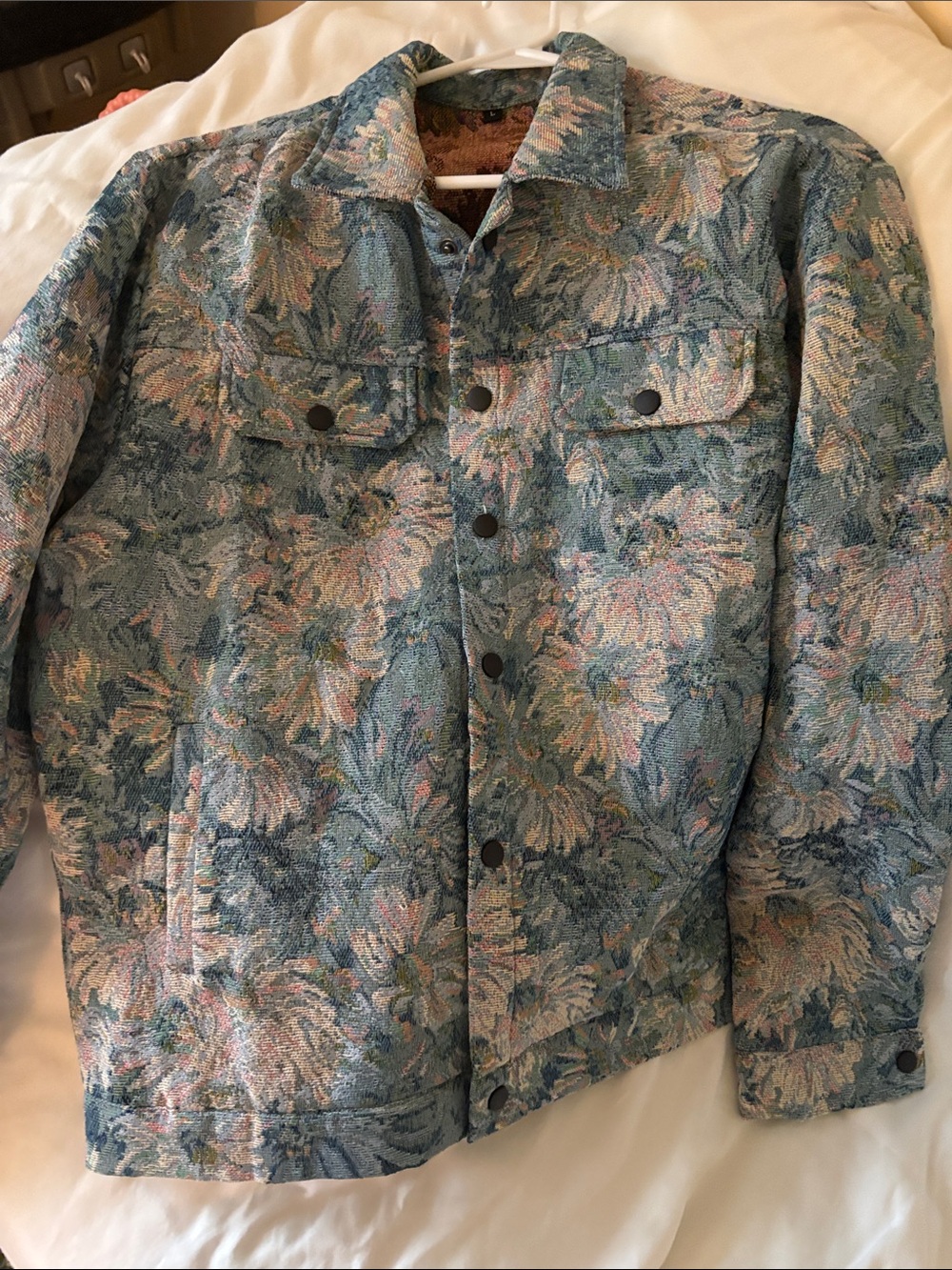 Woman’s Floral Tapestry Shirt Jacket in Teal & Pastel